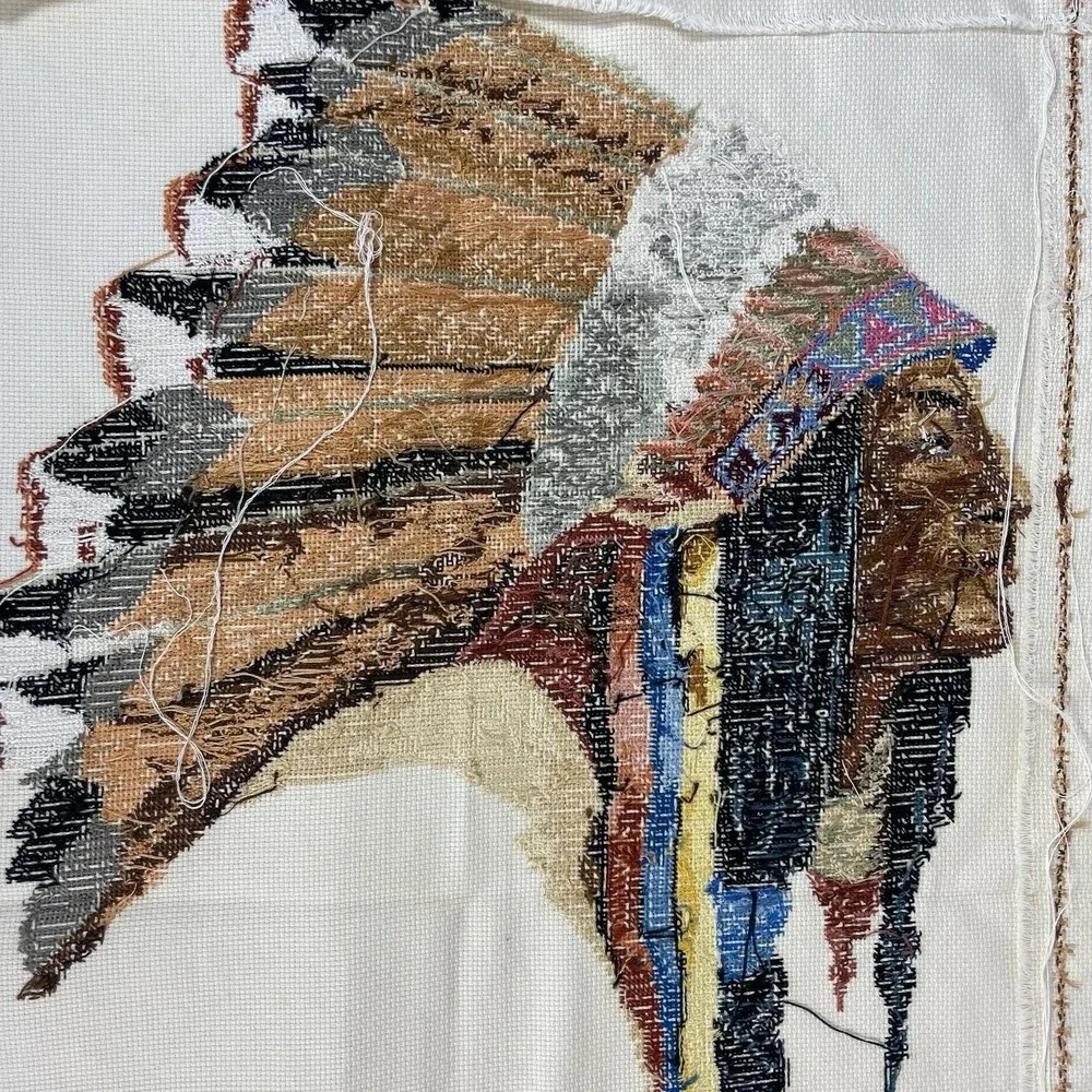 Vintage Needlepoint Chief Portrait Wall Art Textile Happy Anniversary